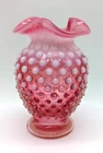 Fenton Cranberry Opalescent Hobnail Ruffle Art Glass Mini Vase 4" Pink White