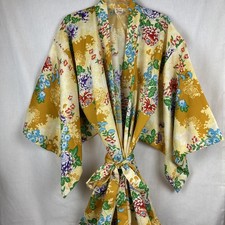 Japanese Robe Kimono True Vintage Long Hand printed Yellow Floral