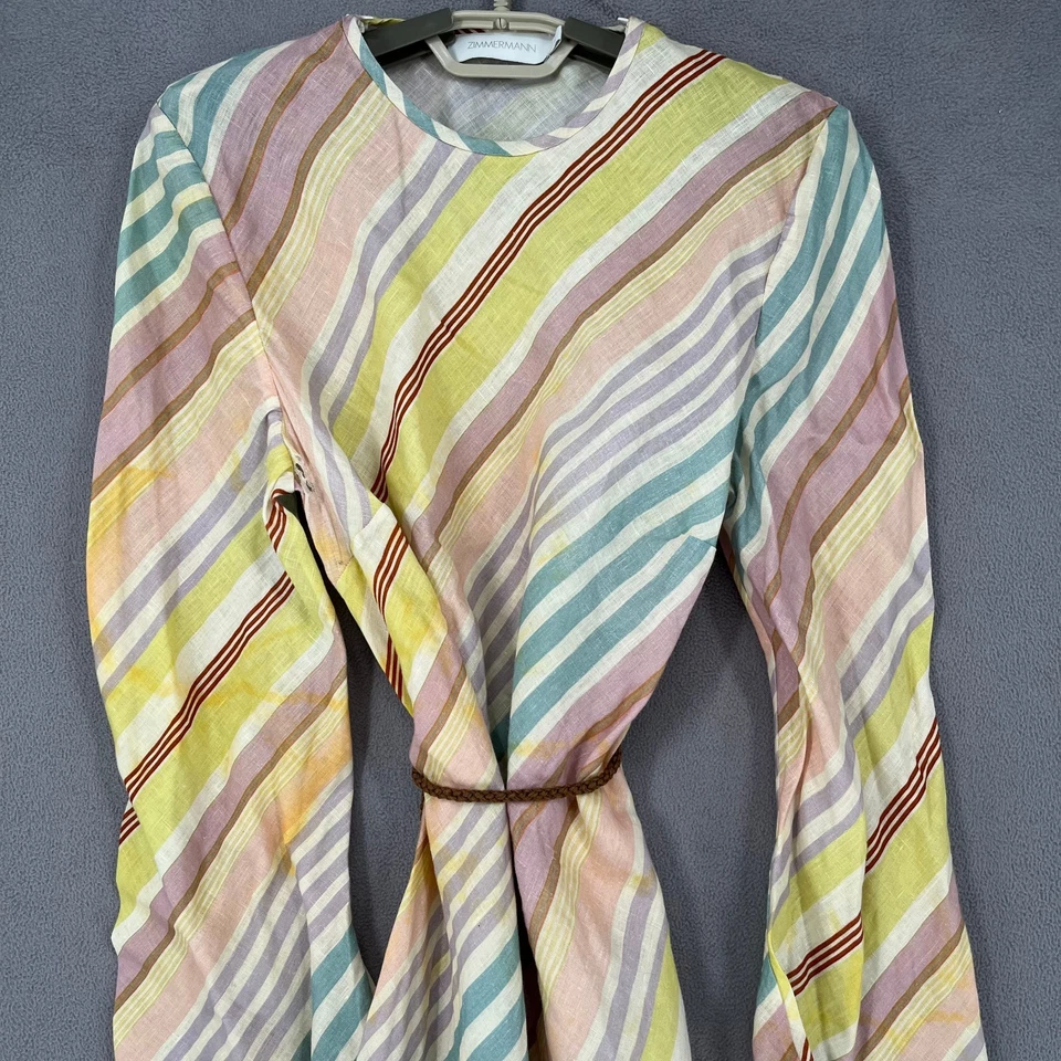 Vestido Zimmermann para mujer 4 amarillo púrpura lino corbata cinturón rayas corbata larga maxi Foto 2 de 4