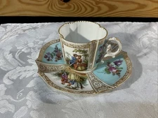 Meissen Germany Demitasse Cup  Saucer Courting Couple 4 Panel Double Sword Crown
