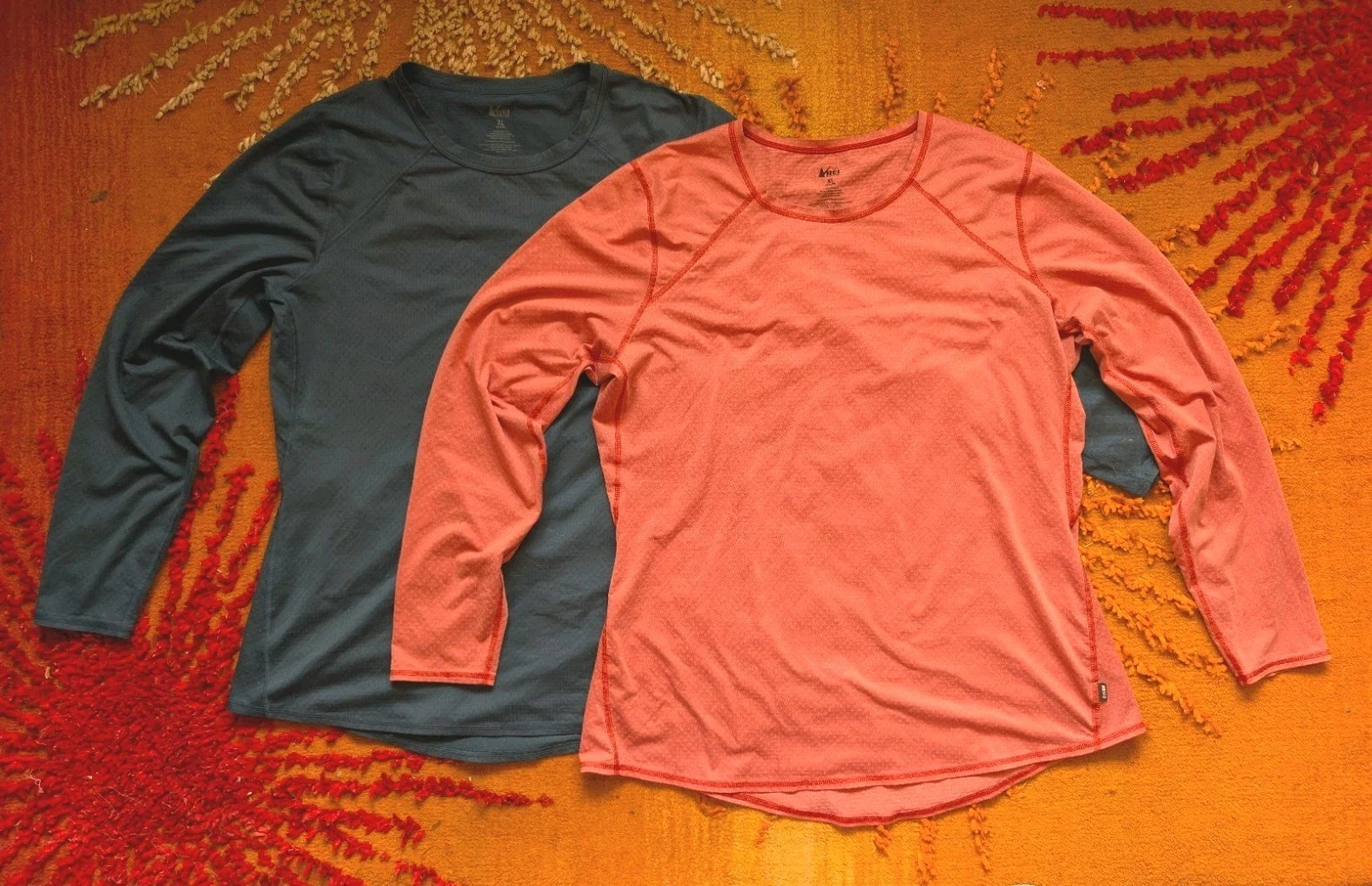REI Co-Op Womens Lightweight Base Layer Long-Sleeve Crew Tops - Blue & Light Red