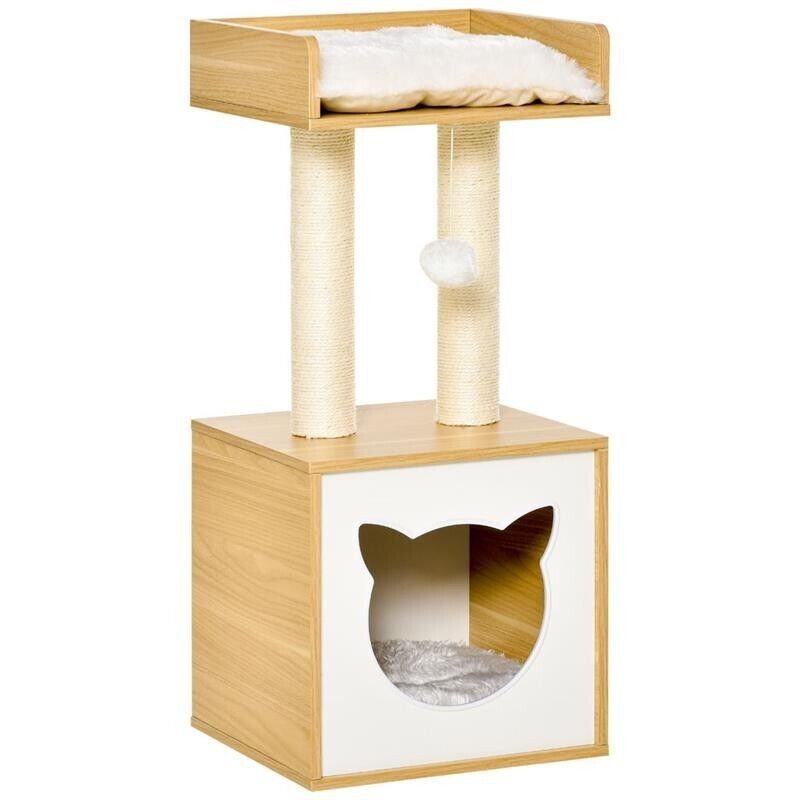 Casetta per gatti con tiragraffi in sisal, cuscini lavabili, 35x35x81cm, quercia