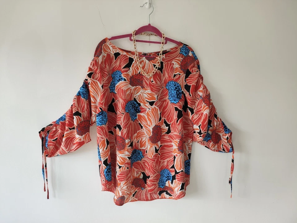 Dorothy Perkins Ladies blouse top 20 Orange Black Casual Ruched Sleeve Floral - Image 2 of 4