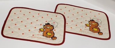 Sett of 2 GARFIELD Quilted Cotton Placemats Jim Davis Cat Cartoon, VINTAGE 1978