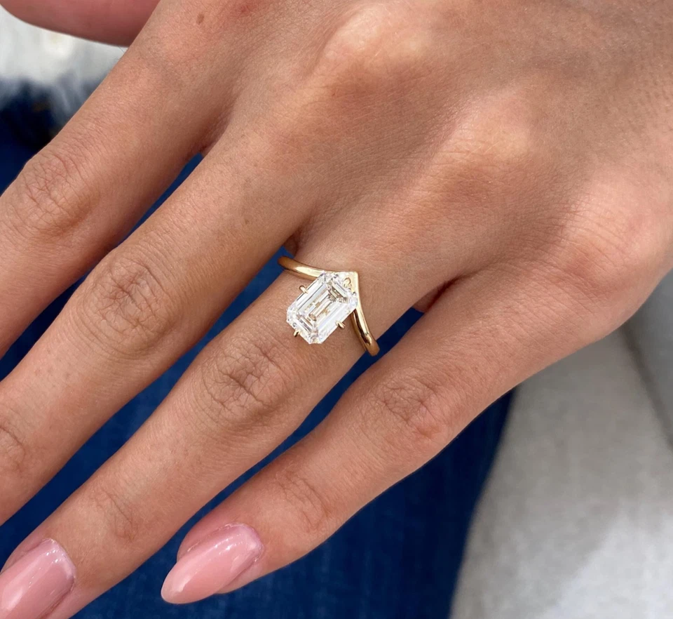 Emerald Cut Lab Grown Diamond Engagement Solitaire Chevron Ring 10K Gold Ring - Image 4 of 4