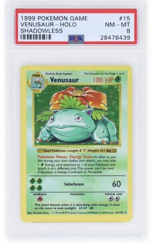 1999 Pokémon Venusaur Shadowless #15/102 Holo PSA 8