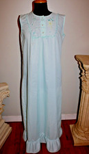 Vtg. Katz Aqua Long Sleeveless Nightgown Embroidered Flowers Lace Size Small Ex