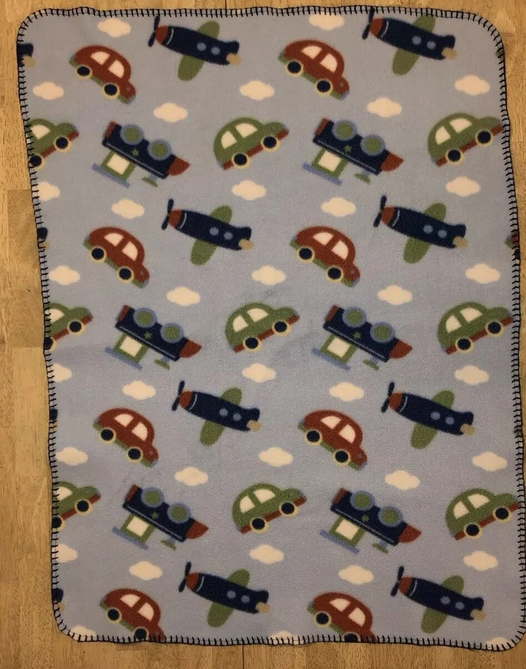 Manta Garanimals Azul Vehículos Bebé Coches Trenes Vellón Borde Cosido Lovey Foto 2 de 4