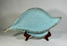 MCM California Pottery 676 Vintage Large Ashtray Leaf Shape Aqua w Gold Edges