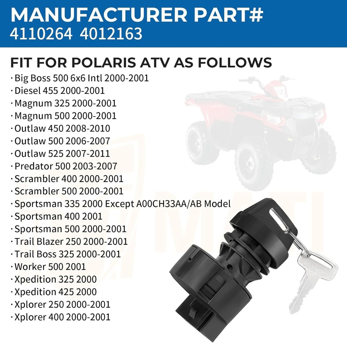 Polaris Xpedition 325 Ignition Key Switch Replacement For Polaris Magnum 325 2X4 & 4X4 HDS 2000-2001 ATV - Caltric Brand Polaris Ignition Switch - Foto 7