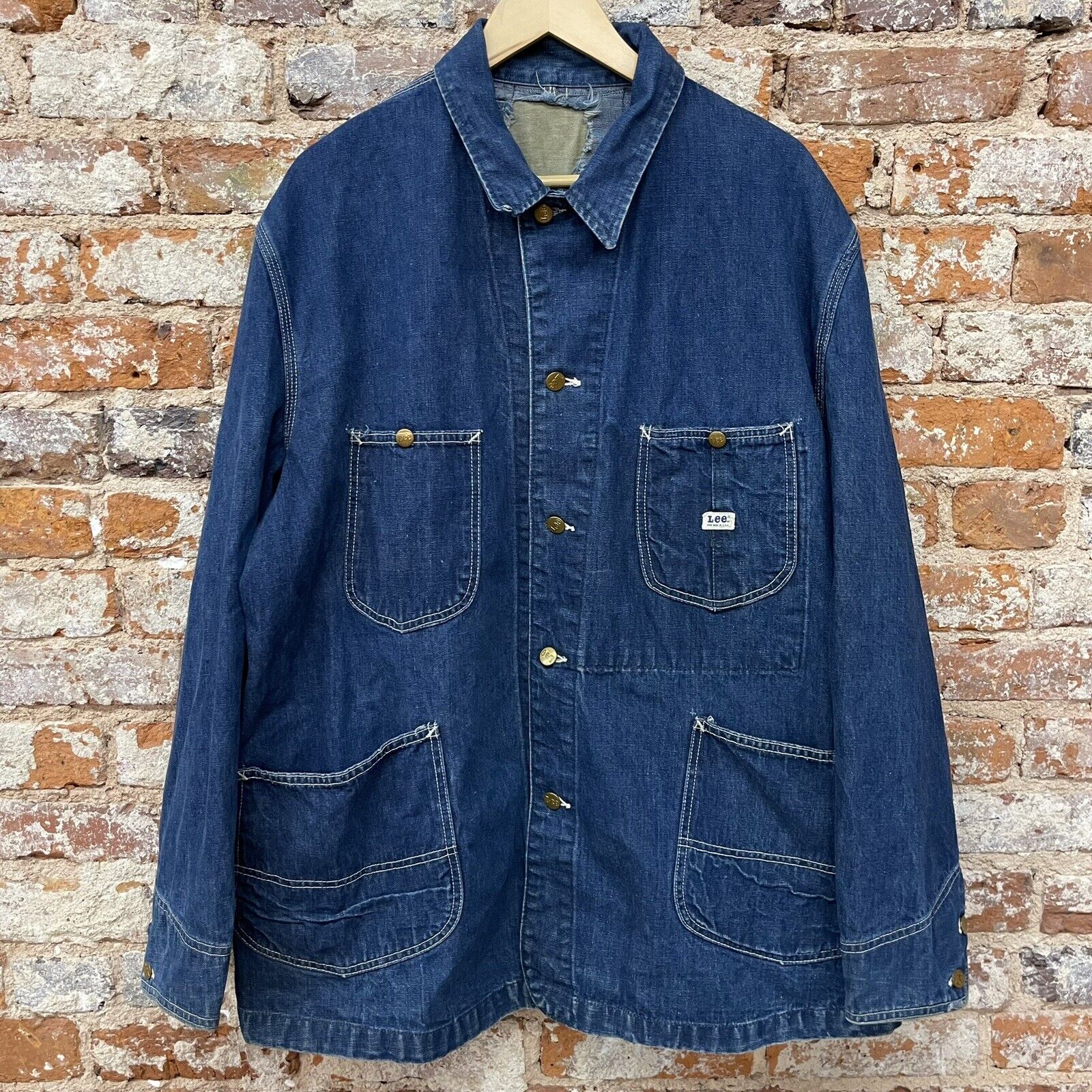 Vintage 50s Lee Sanforized Denim 91-J Chore Work Coat Jacket Repairs sz XL