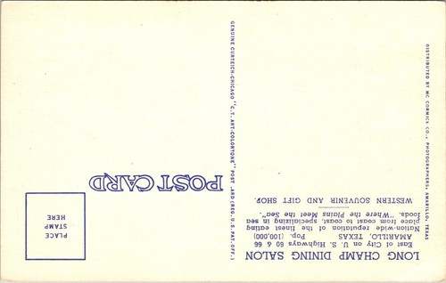 GELB, TEXAS - LANGER CHAMP SPEISESALON - STRASSENSEITE - LEINENPOSTKARTE - Bild 2 von 2