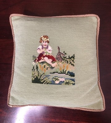 Vintage Wool Needlepoint Pillow Young Girl Rabbit Lily Pads Cattails Pond Scene