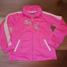 PUMA Girls Size 4 Track Jacket Hot Pink Glitter Logo Full Zip Athletic Y2K Sweat