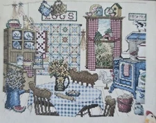 Country Kitchen Linda Meyers Cross Stitch Pattern Blue White Patchwork Quilt 