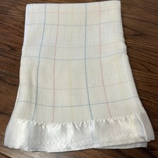 Vtg Chatham 80  s White Satin Trim Pastel Striped Soft Baby Blanket 35x46 NOS