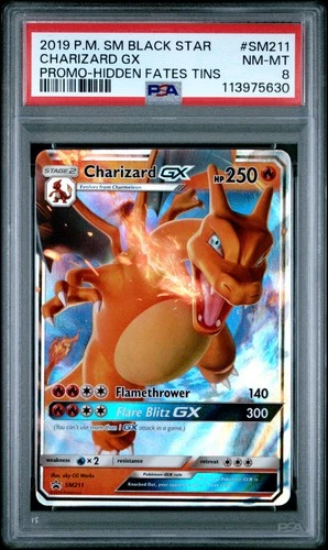 2019 POKEMON SM BLACK STAR PROMO HIDDEN FATES TINS #SM211 CHARIZARD GX PSA 8