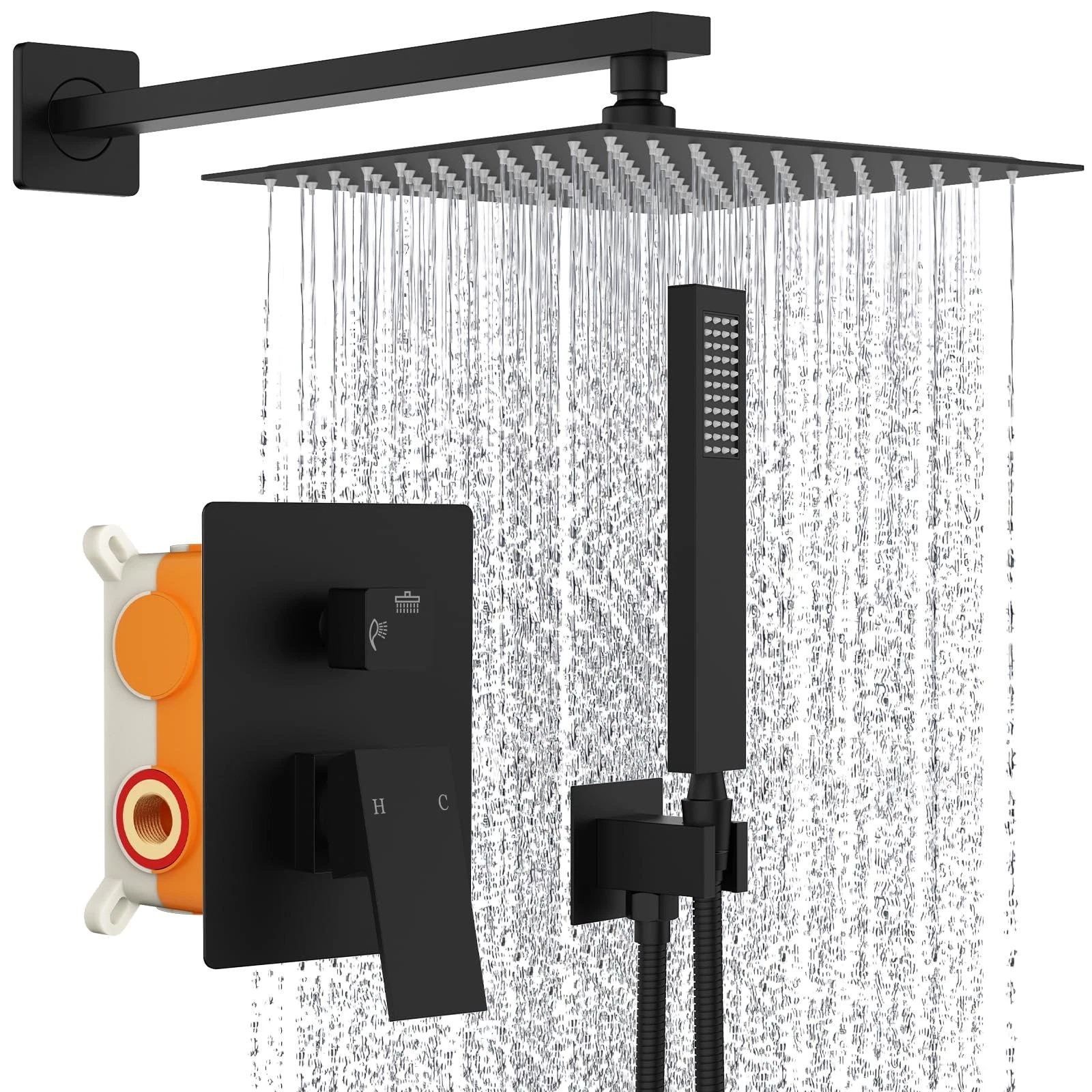 Matte Black Rainfall Shower Head System Wall Mount 10 Inch With Handheld Spray V