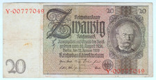 1929 Germany 20 Reichsmark 00777049 Reichbanknote Paper Money Banknotes