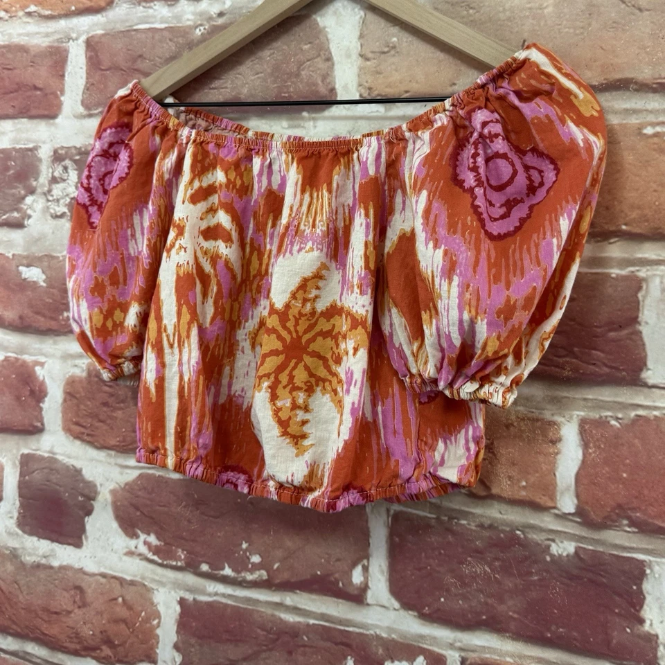 Camisa corta C&C California para mujer S mezcla de lino boho abstracta mangas abullonadas Foto 3 de 4