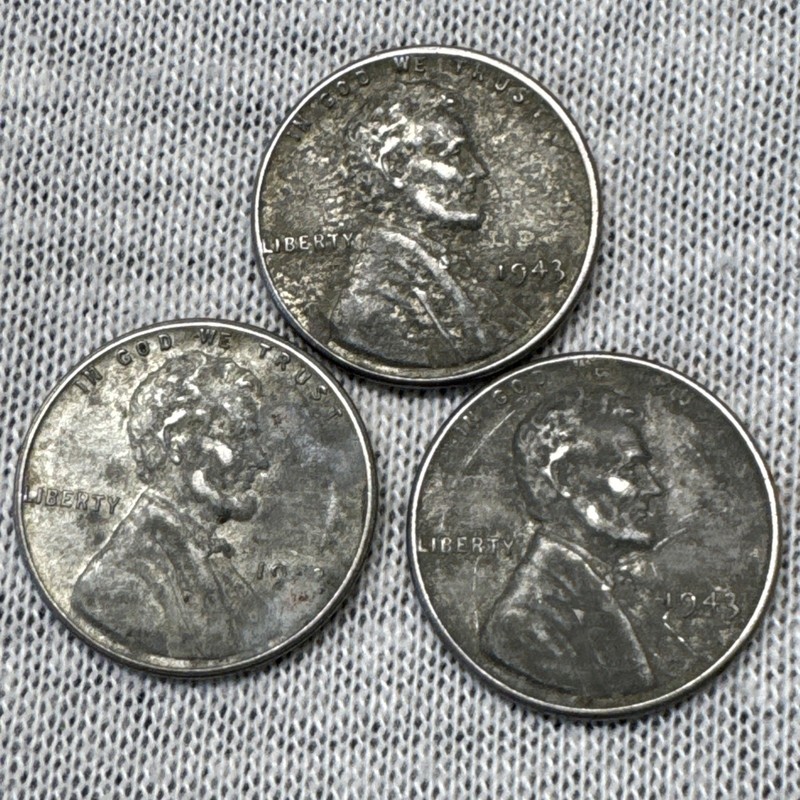 #3N: (New Low $) Set of 3 1943 Rare Steel Lincoln Wheat Cent-You Grade~Bid Now