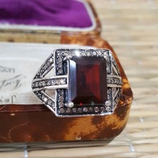 925 Sterling Silver Ring, Red Garnet And Champagne Diamonds, Size N.5 US 7 