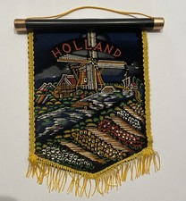 Vintage Holland Rayon Painted Wall Hanging Banner 8.5”x9” Tulips and Windmill
