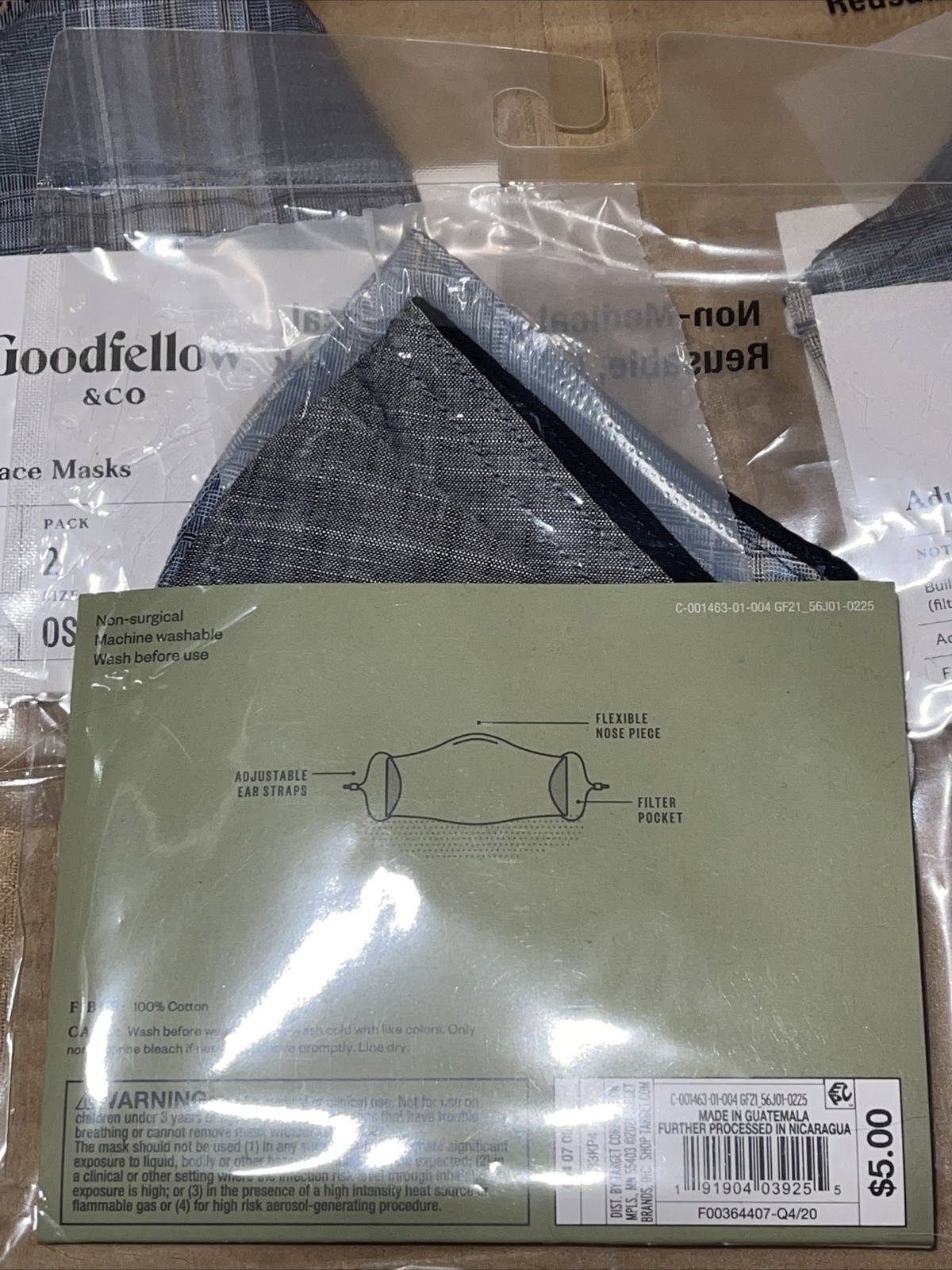 Goodfellow & Co Adult Reusable Face Masks Blue Plaid & Gray Size OSFM 6