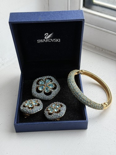 Signed SWAROVSKI Pave' Crystal Sand Dollar Clip Earrings, Brooch & Bracelet Set - 第 1/7 張圖片