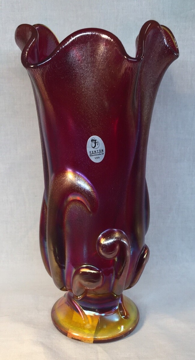 FENTONフェントンカー二バルアンティークUSA carnival vase Fenton Fine Rib Style Marigold Carnival Glass Swung Vase