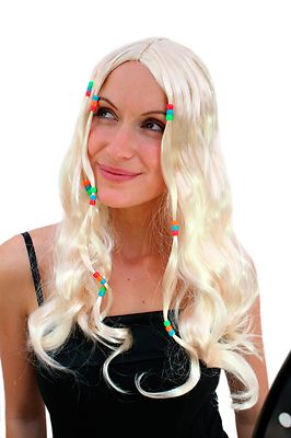 Woodstock Hippie Perücke BLOND lang Perlen Mittelscheitel Flowerpower Beatnik