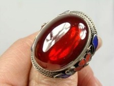 Collectible Chinese Inlaid red zircon Old Tibet Silver Cloisonne Flower Ring