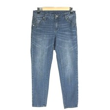 Cache Skinny Jeans 2 Blue Denim Gold Metallic Contrast Rhinestone Button Pant