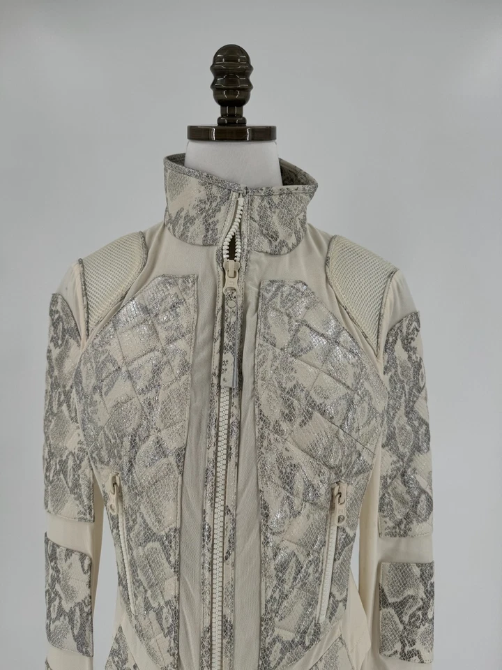 Blanc Noir Ivory Snake Print Leather Quilted Mesh Moto Jacket Sz M NEW - Image 2 of 4