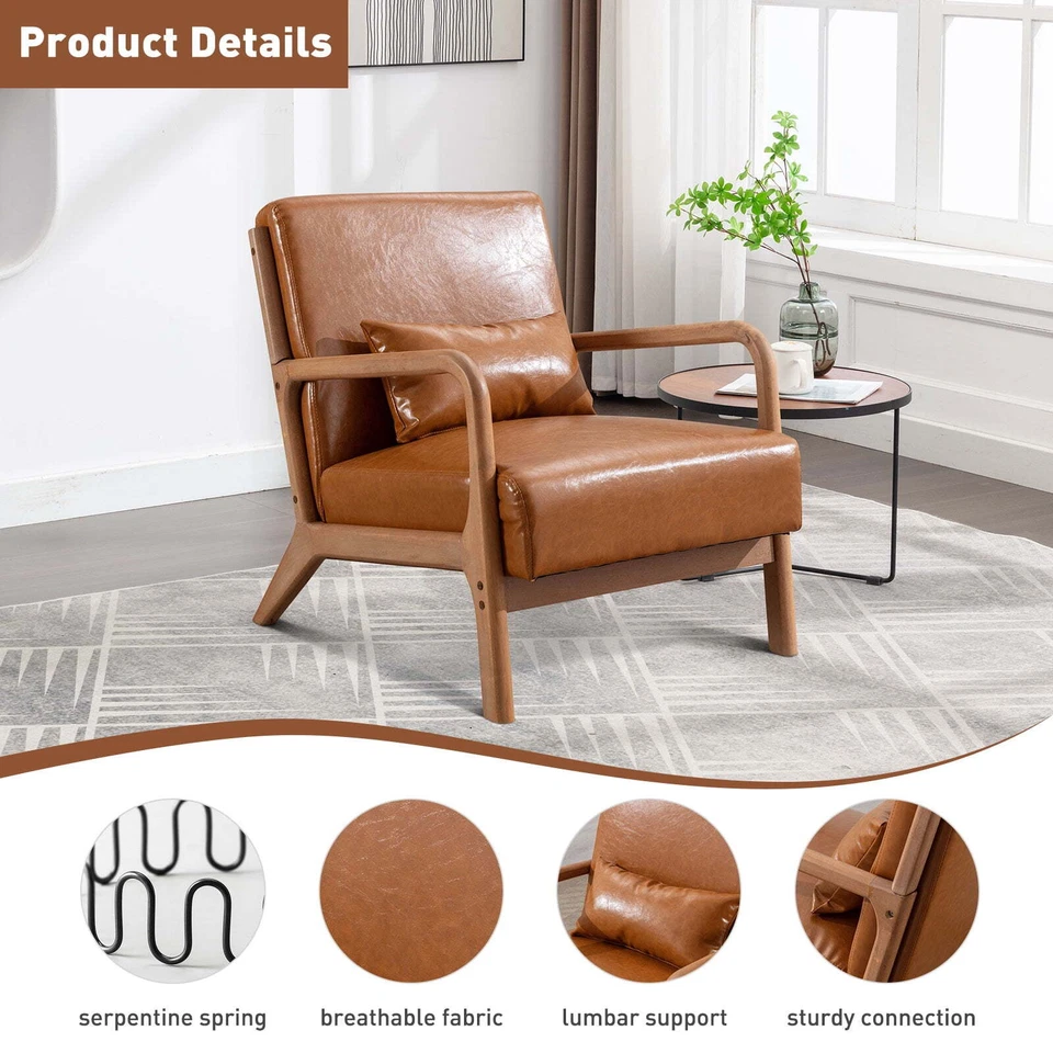 Accent Chair Mid Century Modern Arm Chair, PU Leather Reading Armchair for Bedro - Image 2 of 4