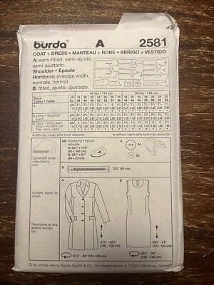 Burda 2581 UNCUT Sewing Pattern, Misses' Coat & Dress, Size 18-30