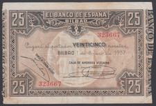 Spain  25  Pesetas  1937  VF  P. S563g,    Banknotes, Circulated