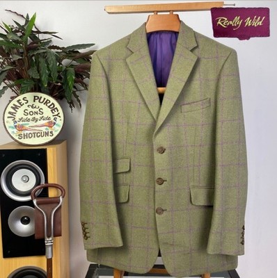 REALLY WILD (42R) lila Windowpane Box Check Tweed Hacking Jacke Arbeitsbündchen