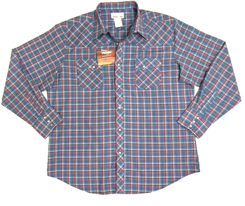 Wrangler Wrancher Pearl Snap Shirt Mens Size XL Blue Plaid LS Chest Pockets NEW