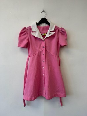 Vintage Sears Lemon Frog Shirt Dress Girls 10 Pink Knit Button Front 60s 70s