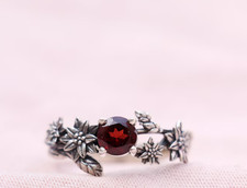 Natural Garnet Ring, Flower Design Ring, 925 Sterling Silver Ring, Red Garnet