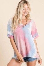 BiBi Tie Dye French Terry Top With Buttoned Placket