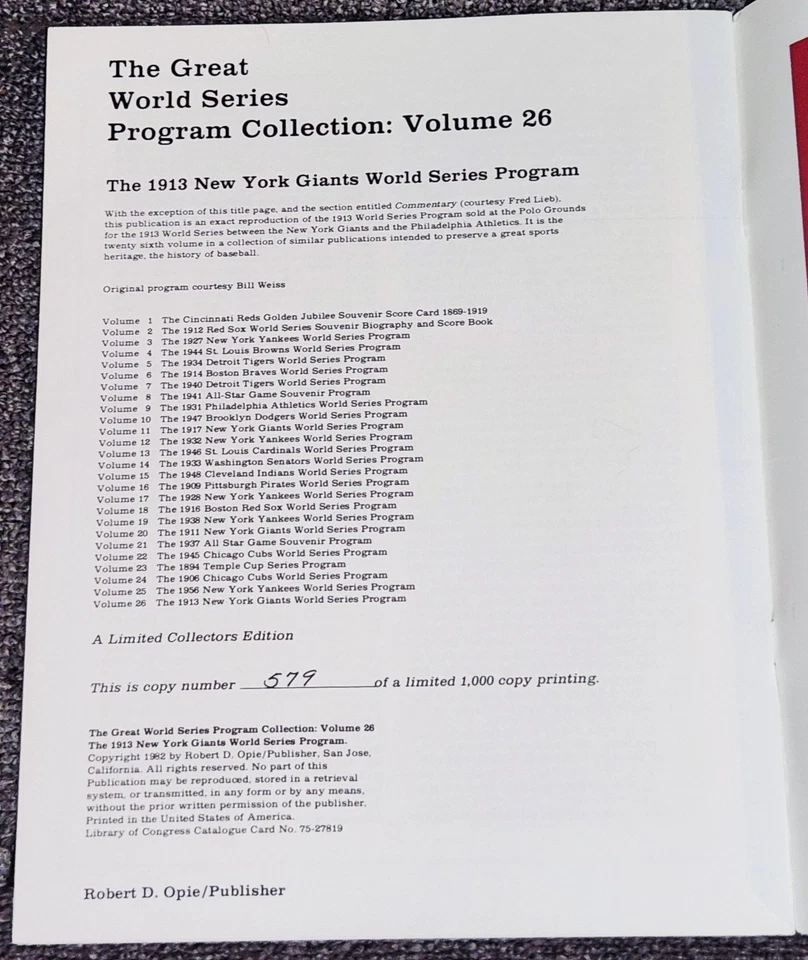 1913 WORLD'S SERIES GIANTS VS ATHLETICS 579/1000 VOLUME 26 1982 - Image 2 of 3