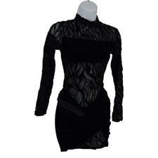 Pretty Little Thing Velvet Mesh Tie Bodycon Dress Size 6 Black High neck Long Sl