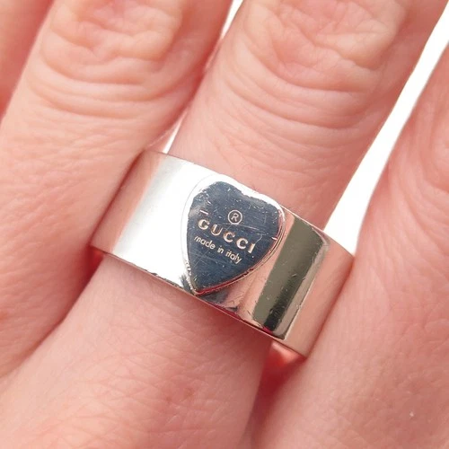 Gucci 925 Sterling Silver Vintage Italy Heart Band Ring Size 10
