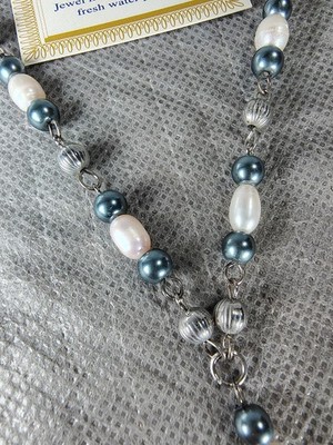 Vintage LBVYR Yves Rocher Y-Drop Genuine White And Blue Freshwater Pearls Set