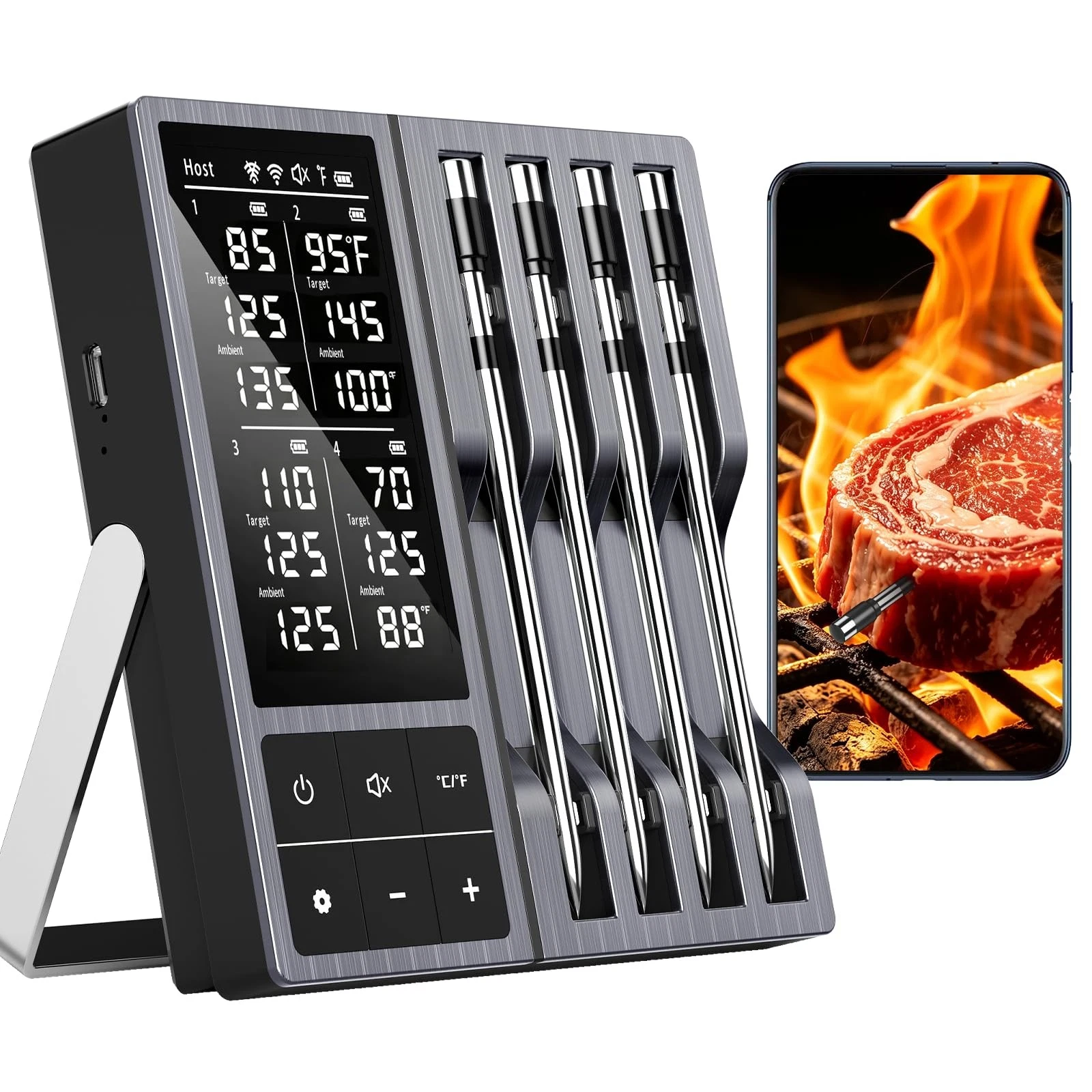 Wireless Meat Thermometer Digital with 4 Probes - 800FT Bluetooth Food Cookin...