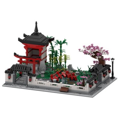 Modular Japanese Garden with Bridge, Tree and Torii Gate 1641 Pieces MOC Build