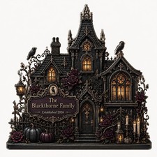 Personalized Haunted House Wooden Block, Custom Family Name Gothic Decor Gift