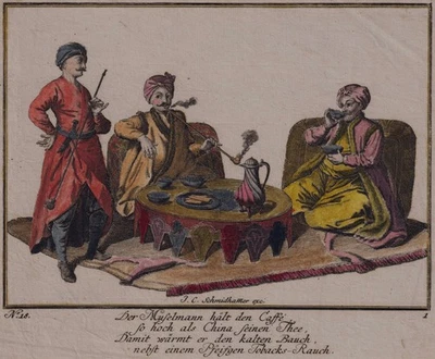J. C. SCHMIDHAMMER "TABAK, TOBACCO, KAFFEE, MOKKA #1" RADIERUNG, NÜRNBERG ~1750 - Bild 1 von 4